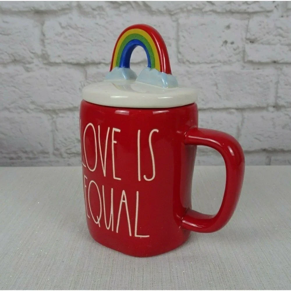New RAE DUNN Rainbow 🌈 Figural Mug Love Is Equal Red With Lid Pride Home Decor